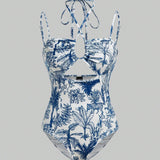 Bianca F Prints Body de cuello halter con recorte y estampado de plantas para vacaciones