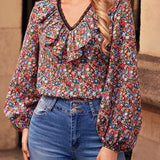 Blusa con estampado floral ribete con fruncido de manga farol ribete con fruncido