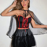 Halloween con cordon delantero Top corse & de malla Capa & Falda Conjunto disfraz