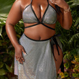 Slayr Talla grande Banador bikini triangulo halter de color metalico unido en contraste con falda de playa