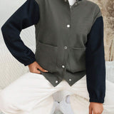 EZwear Cazadora de color combinado con doble bolsillo de hombros caidos