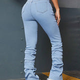 ICON Jeans de talle alto fruncido bajo crudo apilado