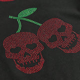 ROMWE Kawaii Camiseta Slim Fit De Manga Corta Con Patron De Calavera Y Cereza Adornado Con Diamantes De Imitacion