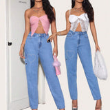 1 pieza Jeans de talle alto con cuenta de perla