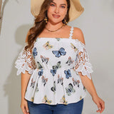 a grande Blusa peplum con estampado de mariposa de hombros descubiertos panel con encaje