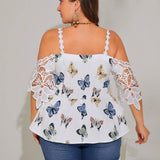 a grande Blusa peplum con estampado de mariposa de hombros descubiertos panel con encaje