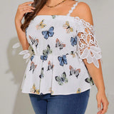 a grande Blusa peplum con estampado de mariposa de hombros descubiertos panel con encaje