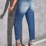 Jeans ajustados de talle alto desgarro bajo crudo