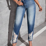 Jeans ajustados de talle alto desgarro bajo crudo