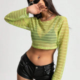 EZwear Top con estampado de rayas crop de malla sin Brasier