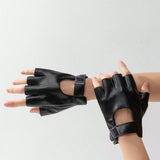 1 Par De Guantes Para Mujeres Con Media Punta Negra Con Hebilla De Metal Ajustable Para Moto