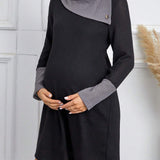 Maternidad Vestido tejido waffle de color combinado con diseno de boton