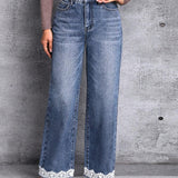 LUNE Jeans con bolsillo oblicuo bajo con encaje en contraste de pierna ancha