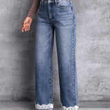 LUNE Jeans con bolsillo oblicuo bajo con encaje en contraste de pierna ancha