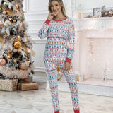2 piezas/Conjunto de mujeres Navidad familia acompanado Conjunto con estampado manga larga & largo Pantalones , confortable dia festivo