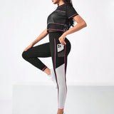 Running Camiseta deportiva de color combinado & Leggings con bolsillo de movil lateral