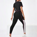 Running Camiseta deportiva de color combinado & Leggings con bolsillo de movil lateral