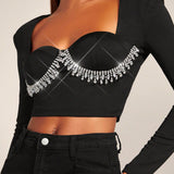 BAE Top crop con diamante de imitacion ribete con fleco