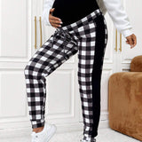Maternidad Pantalones con estampado de cuadros de cintura con cordon