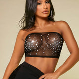 SXY Top De Tubo Recortado Con Detalle De Diamantes De Imitacion Para Atuendos Sexys En El Club