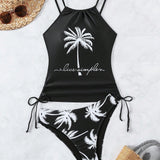Swim Tankini de lado fruncido y cuello halter con impresion de letras y palmeras para playa de verano