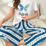 Conjunto de pijama con estampado de mariposa y letra