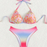 Swim Mod Banador bikini triangulo halter con estampado floral Smocked