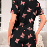 Conjunto de pijama shorts con camiConjuntoa con estampado de mariposa