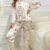 Conjunto de pijama con estampado floral ribete en contraste de Satin