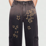 ROMWE Grunge Punk Jeans cargo con estampado de estrella con bolsillo con solapa