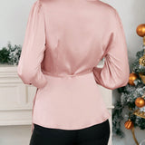 Prive Blusa ribete con fruncido con nudo lateral de manga con volante cruzado de saten