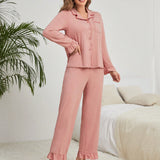 Conjunto de pijama Camisa ribete con fruncido con parche de bolsillo con boton delantero & Pantalones bajo con fruncido