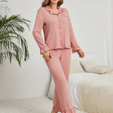 Conjunto de pijama Camisa ribete con fruncido con parche de bolsillo con boton delantero & Pantalones bajo con fruncido