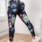 Yoga Trendy Talla grande Leggings deportivos con estampado de cintura ancha con bolsillo para telefono