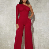 SXY One Shoulder Contrast Mesh Gigot Sleeve Wide Leg Jumpsuit