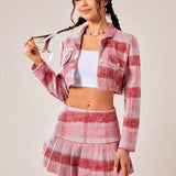 EZwear con estampado de cuadros Blazer crop & Falda fruncido