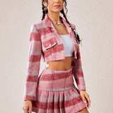 EZwear con estampado de cuadros Blazer crop & Falda fruncido