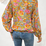 VCAY Blusa con estampado floral de cuello cruzado de manga farol