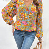 VCAY Blusa con estampado floral de cuello cruzado de manga farol