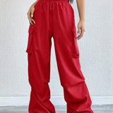 Coolane Pantalones De Carga Rojo Con Bolsillo Lateral Con Solapa Y Cintura Con Cordon