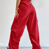 Coolane Pantalones De Carga Rojo Con Bolsillo Lateral Con Solapa Y Cintura Con Cordon