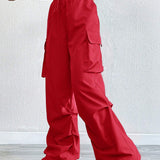 Coolane Pantalones De Carga Rojo Con Bolsillo Lateral Con Solapa Y Cintura Con Cordon