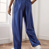EZwear Pantalones con diseno de parche de letra con costura lateral en contraste de cintura con cordon