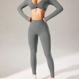 Sport Studio Conjunto De Entrenamiento De Top Corto Y Leggings Con Parte Delantera Retorcida Y Solida