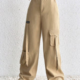 EZwear Pantalones cargo con diseno de parche de letra con bolsillo lateral con solapa