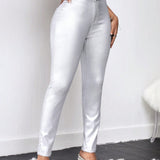 SXY Pantalones metalicos solidos y ajustados de color plateado