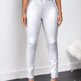 SXY Pantalones metalicos solidos y ajustados de color plateado
