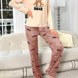 Conjunto de pijama pantalones con camiConjuntoa con estampado de oso y letra