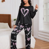 Conjunto De Pijama Informal Para Mujer Con Estampado De Corazon De Amor De 2 Piezas