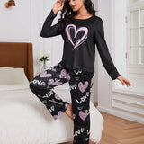 Conjunto De Pijama Informal Para Mujer Con Estampado De Corazon De Amor De 2 Piezas